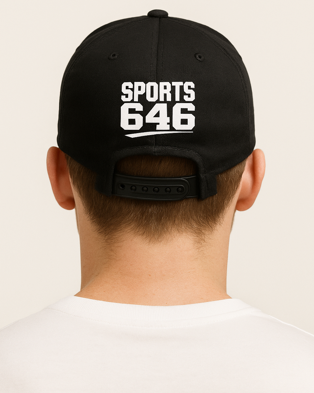Black cap with 'SPORTS 646' text worn by a person