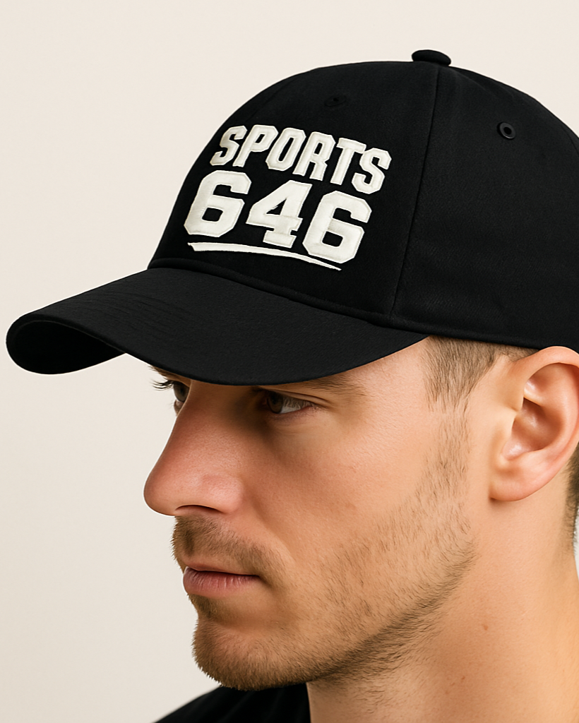 Black cap with 'SPORTS 646' text worn by a person on a beige background