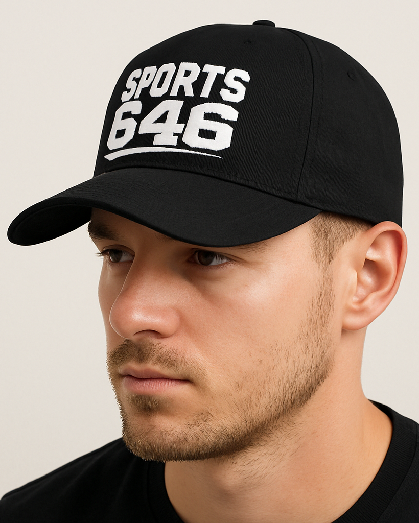 Man wearing a black cap with 'SPORTS 646' 
