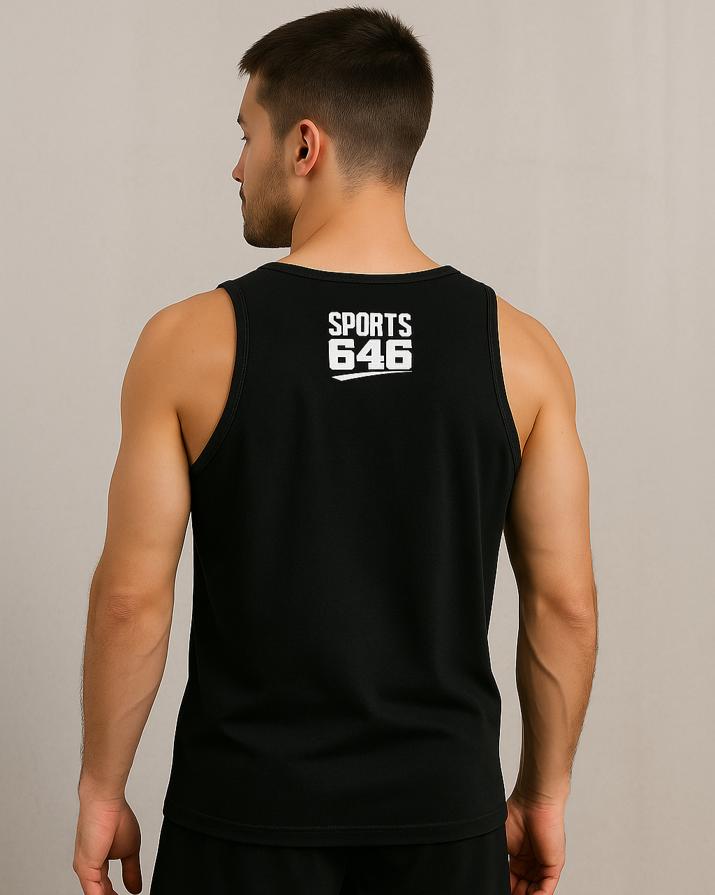 Man wearing a black tank top with 'SPORTS 646' printed on the back 