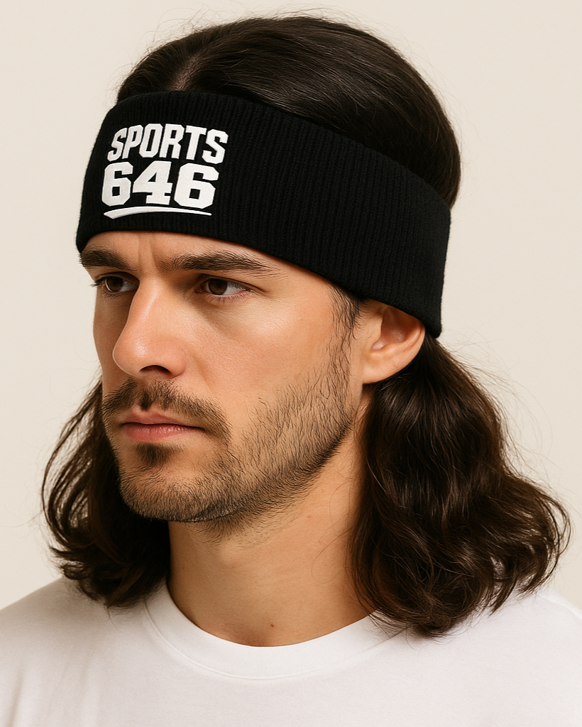 Man wearing a black headband with 'SPORTS 646' 