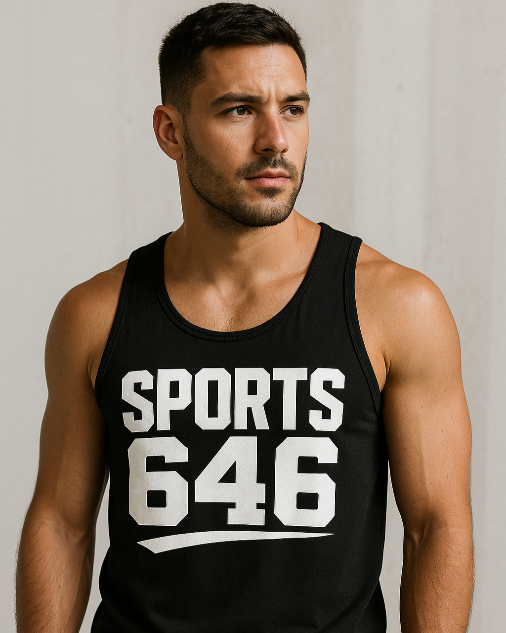 Man wearing a black tank top with 'SPORTS 646'