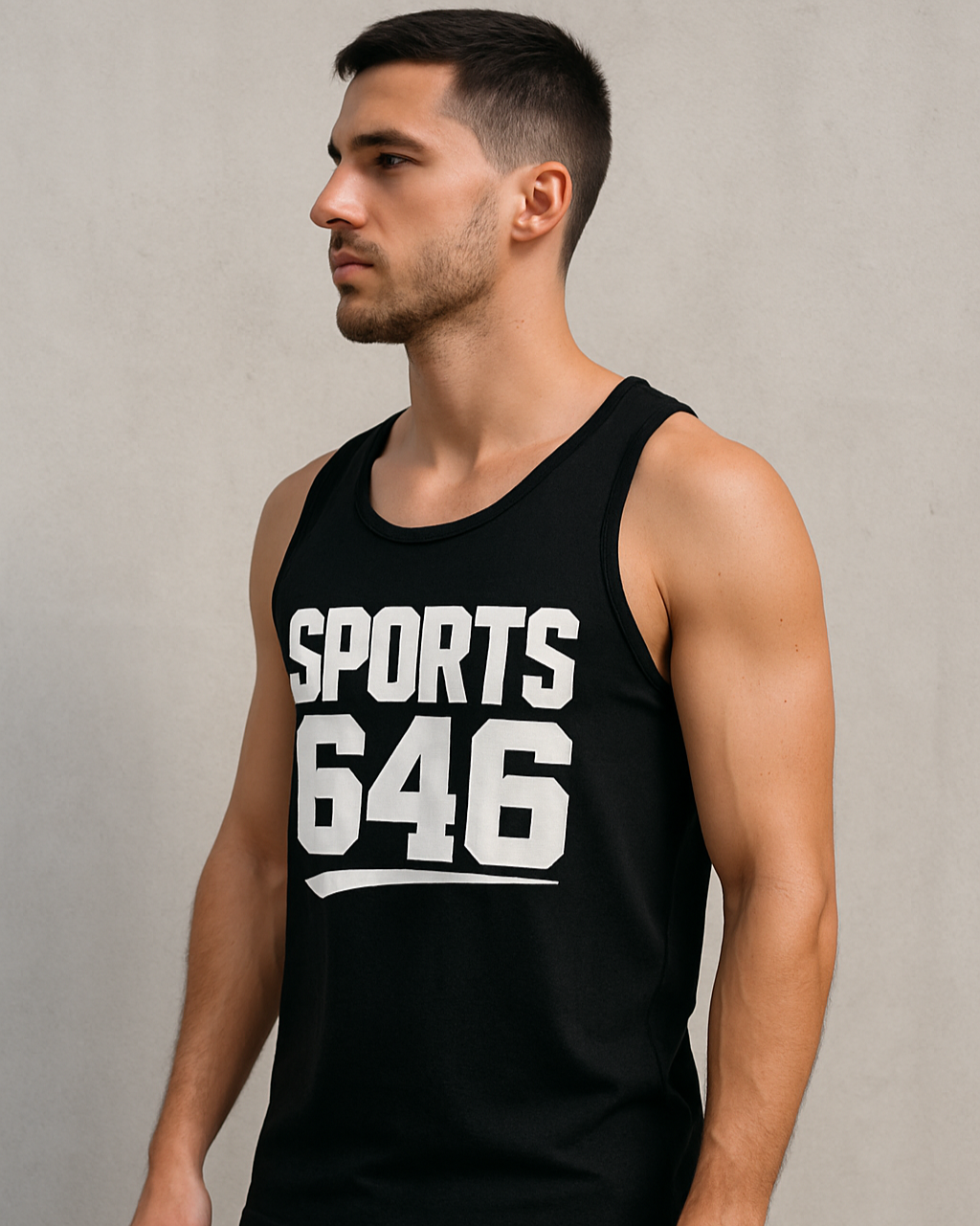 Man wearing a black tank top with 'SPORTS 646'