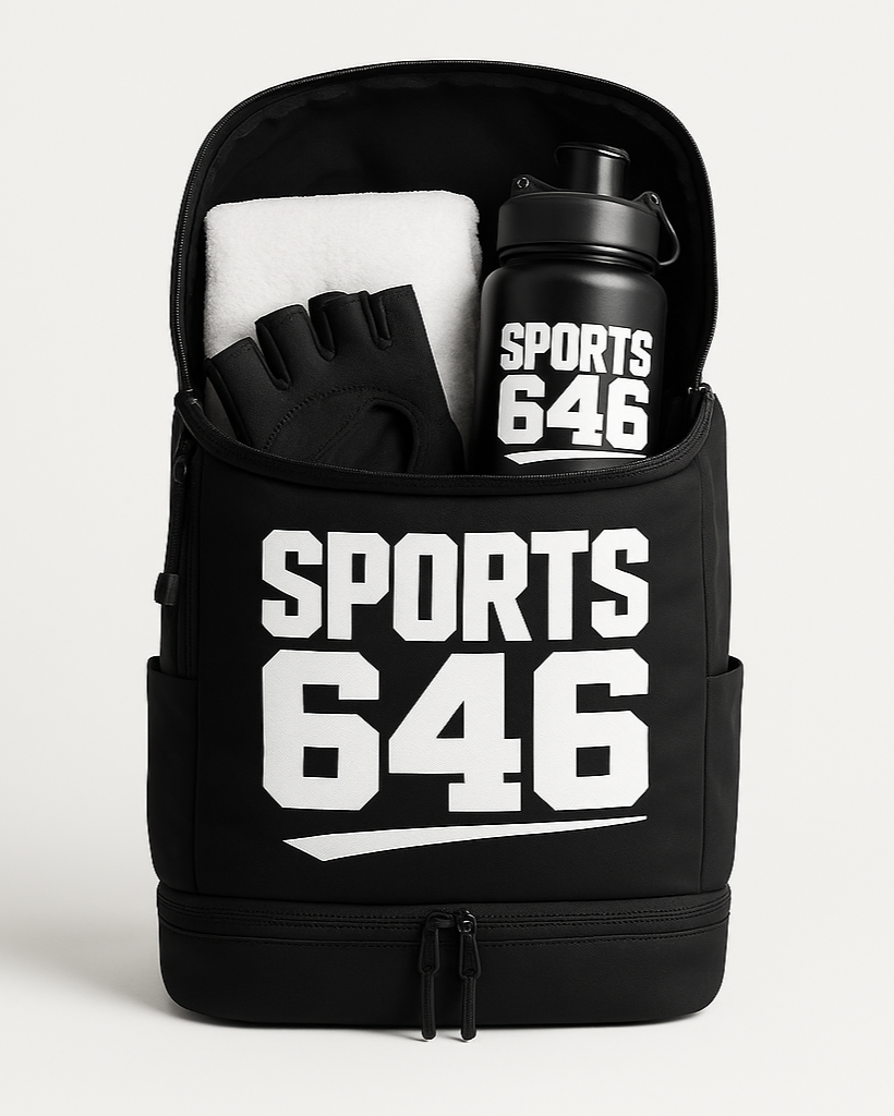 Black backpack with 'SPORTS 646' branding, including a water bottle and gloves