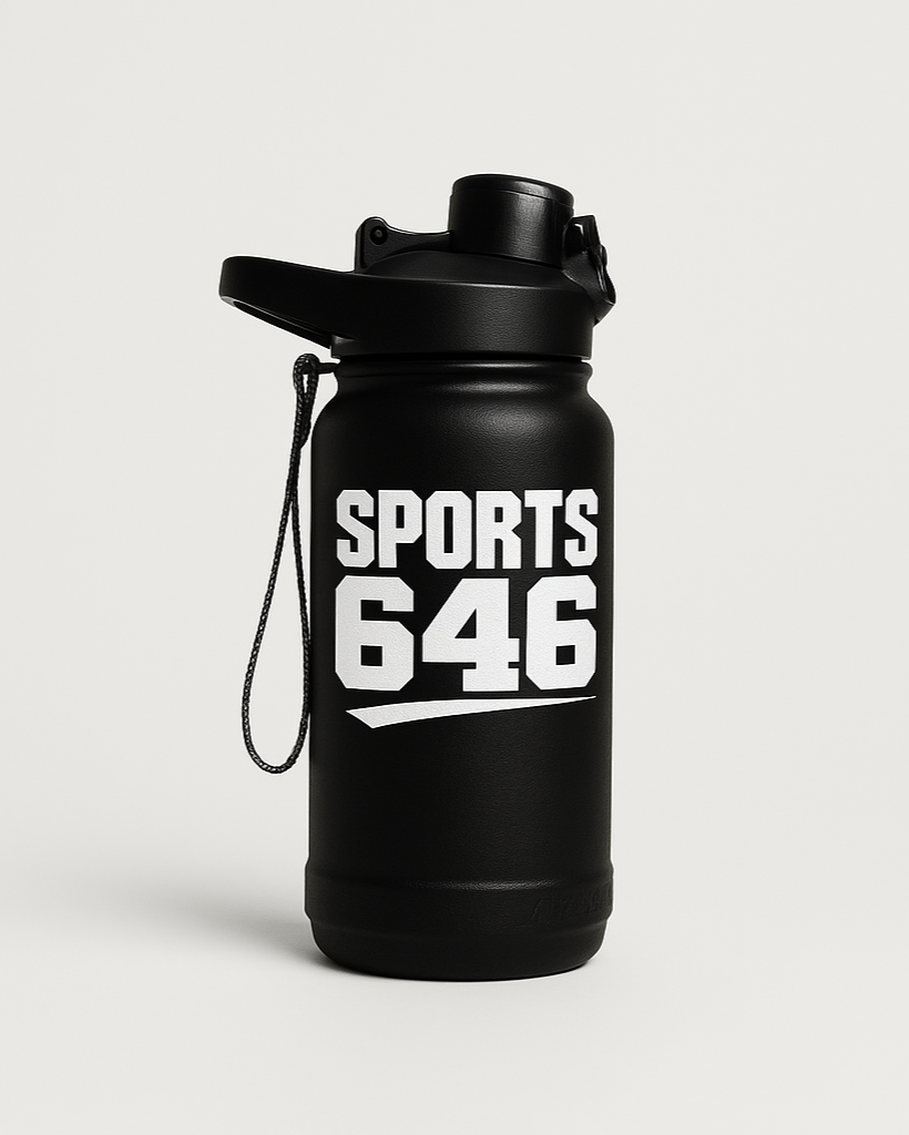 Black water bottle with 'SPORTS 646' 