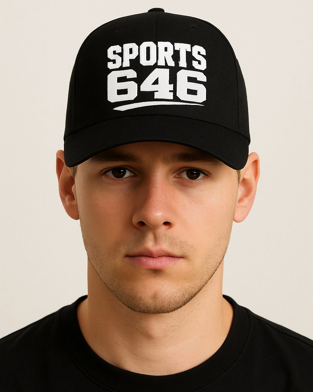 Person wearing a black cap with 'SPORTS 646'