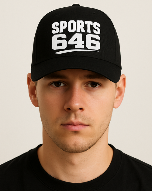 Person wearing a black cap with 'SPORTS 646'