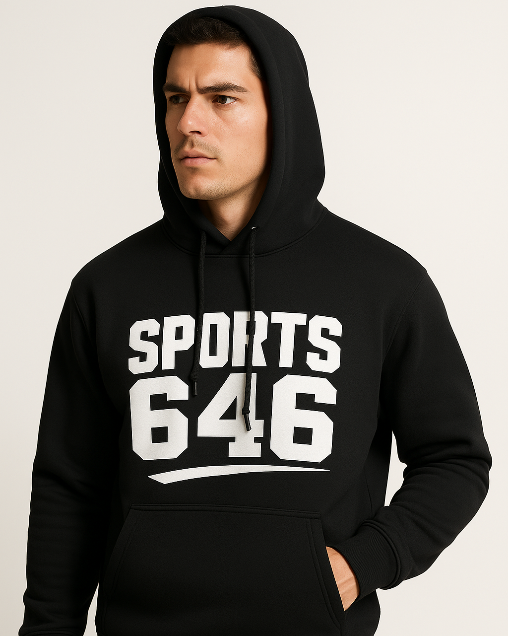 Person wearing a black hoodie with 'SPORTS 646' 