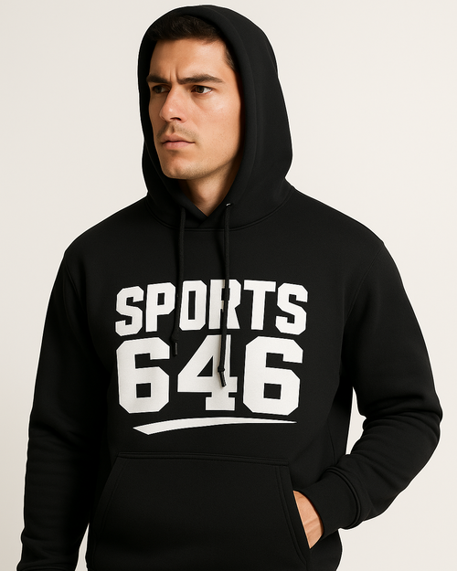 Person wearing a black hoodie with 'SPORTS 646' 