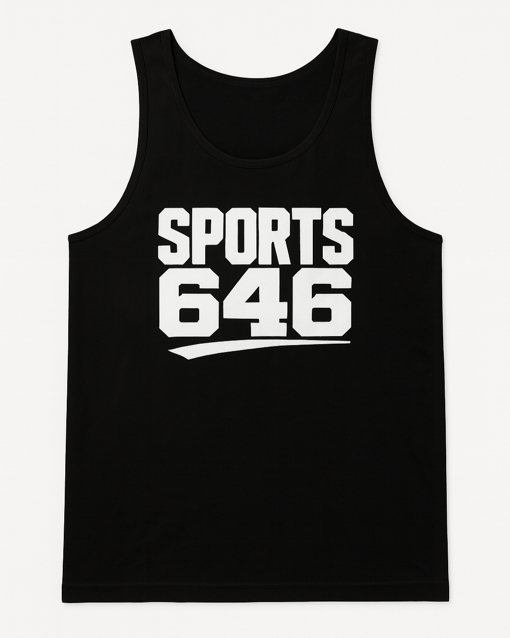 Black tank top with 'SPORTS 646' printed 