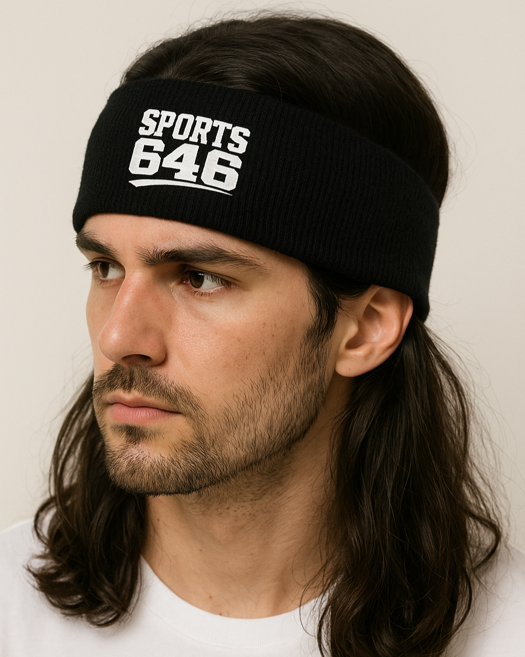 Man wearing a black headband with 'SPORTS 646' 