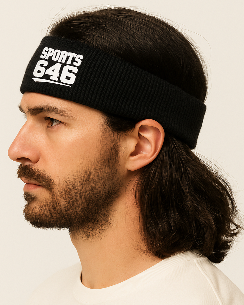 Man wearing a black headband with 'SPORTS 646'