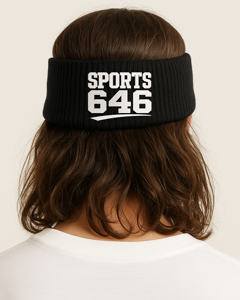 Black headband with 'SPORTS 646' logo worn by a person