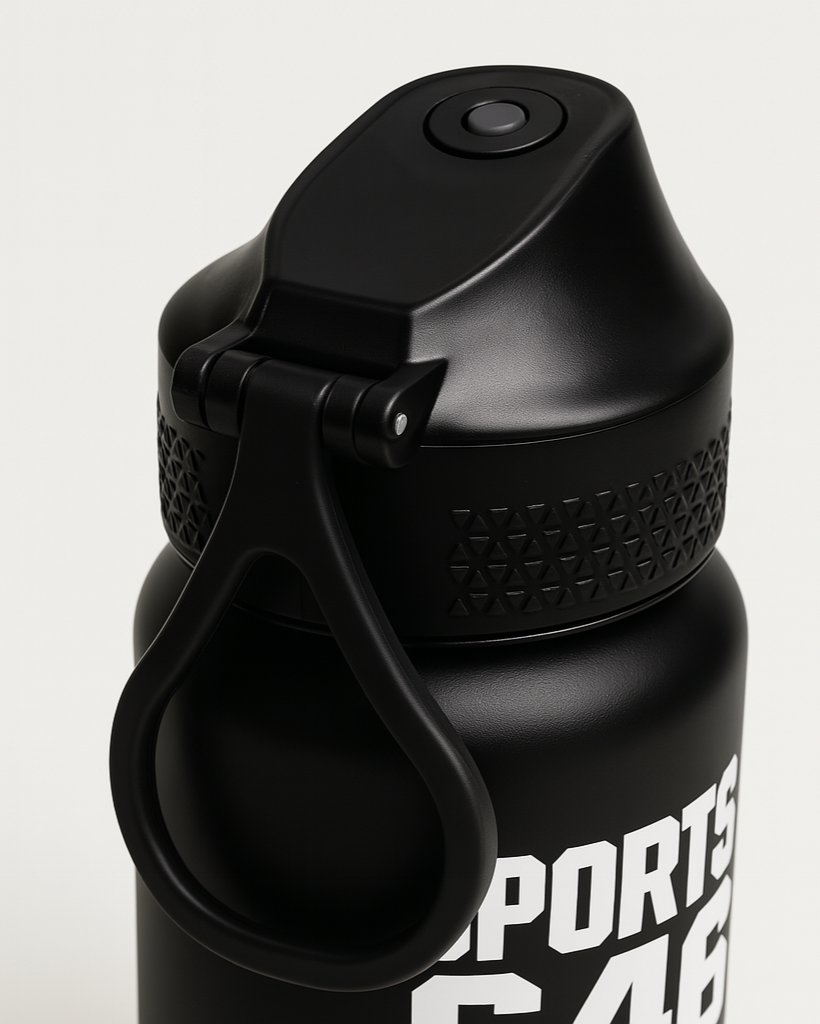 Black water bottle with a textured cap 