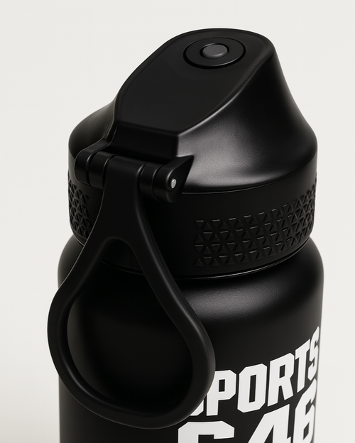 Black water bottle with a textured cap 