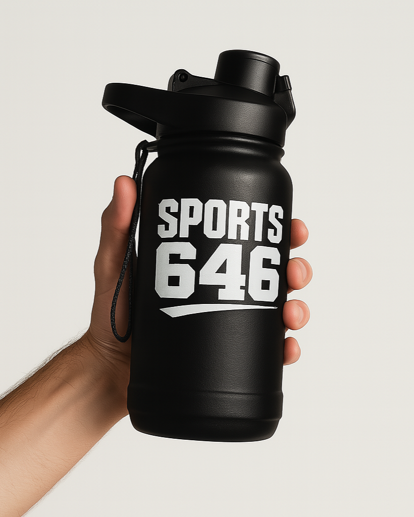 Black water bottle with 'SPORTS 646' text held by a hand