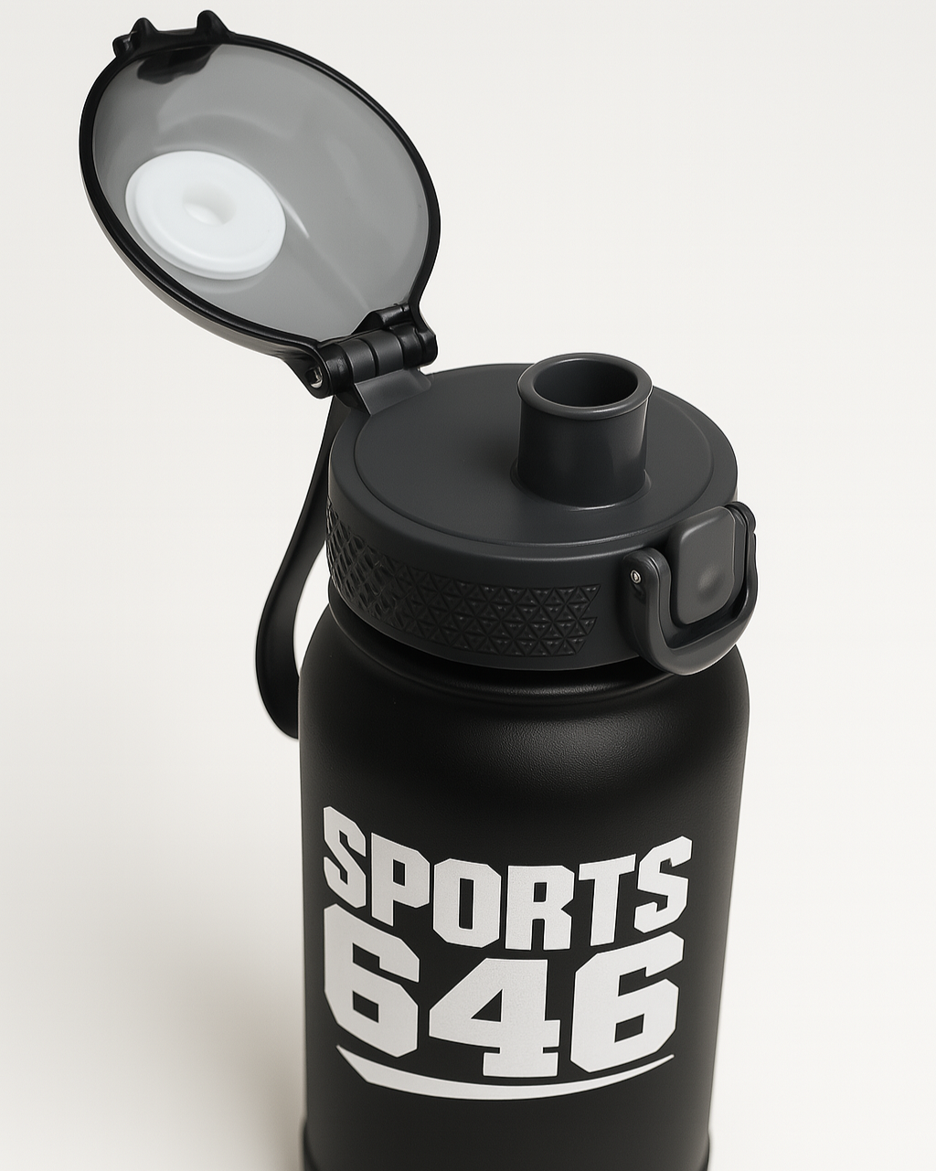 Black water bottle with 'SPORTS 646'
