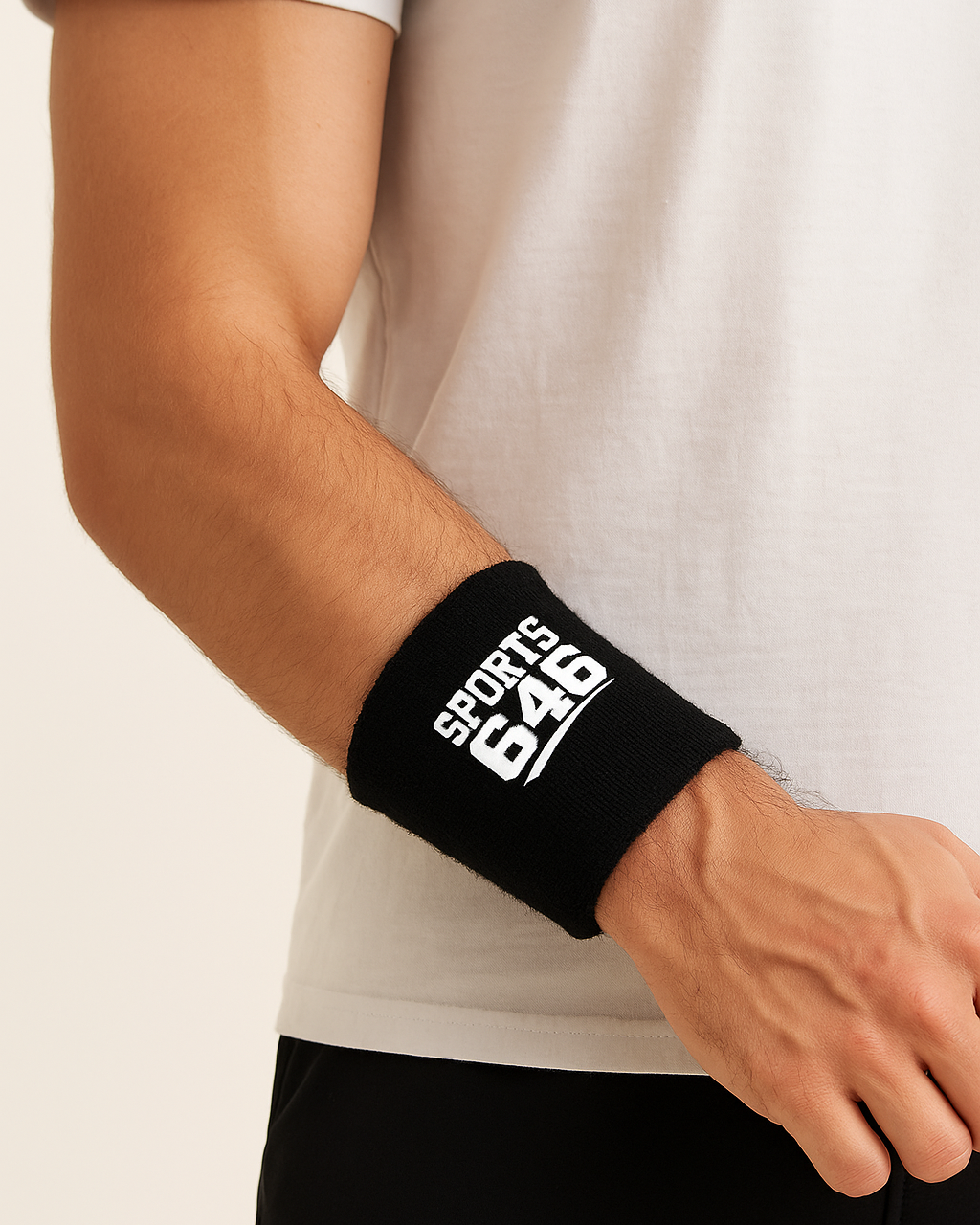 Person wearing a black wristband with 'Sports 649' branding