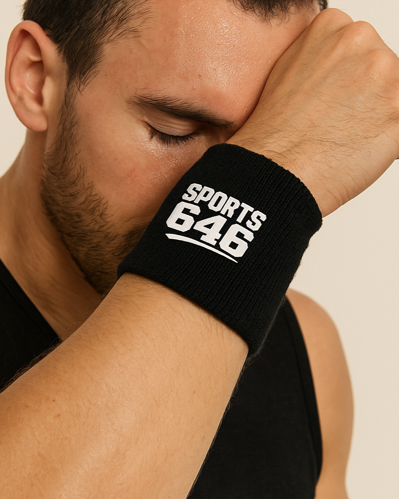 Man wearing a black wristband with 'SPORTS 646'